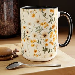 botanical wildflower daisy coffee mug, feminine laced cottagecore daisies mug