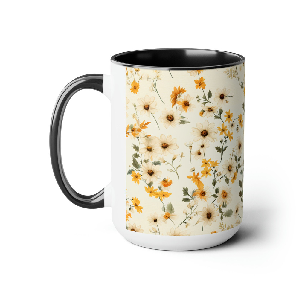 Botanical Wildflower Daisy Coffee Mug, Feminine Laced Cottagecore Daisies Mug, Elegant 15oz Large Garden Tea Mug, Yellow And Orange Cup 2.jpg