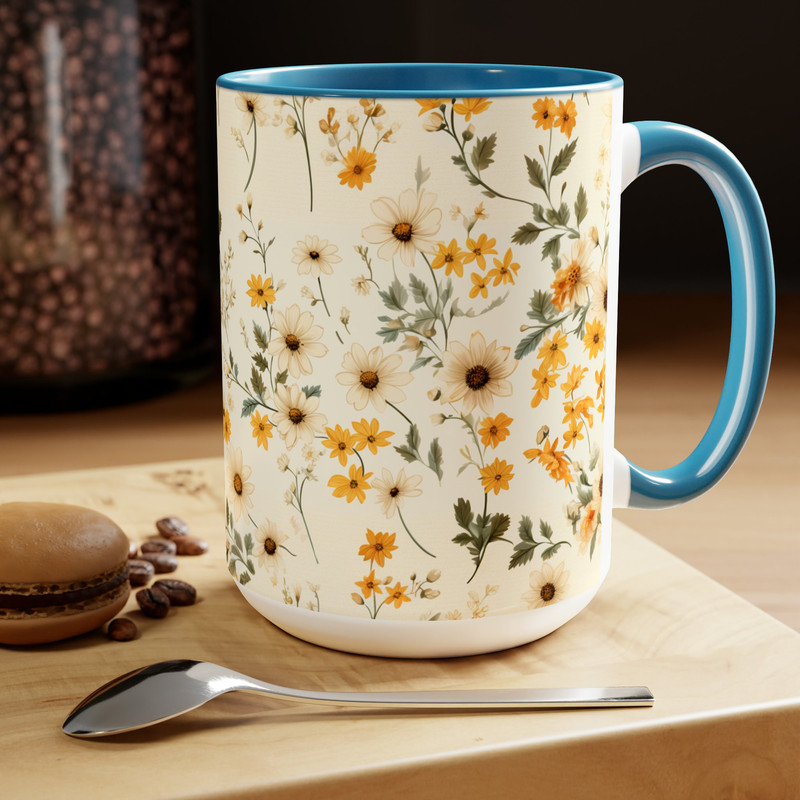 Botanical Wildflower Daisy Coffee Mug, Feminine Laced Cottagecore Daisies Mug, Elegant 15oz Large Garden Tea Mug, Yellow And Orange Cup 6.jpg