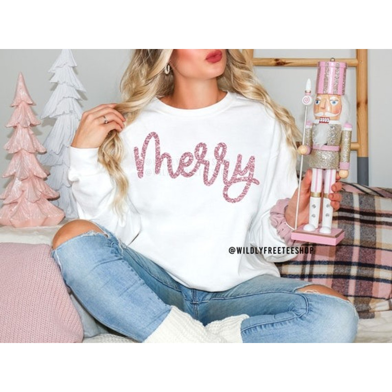 Glitter Merry Sweatshirt, Merry Crewneck, Holiday Sweater Women, Merry Shirt, Christmas Pullover, Christmas Party Shirt, Christmas Gifts.jpg