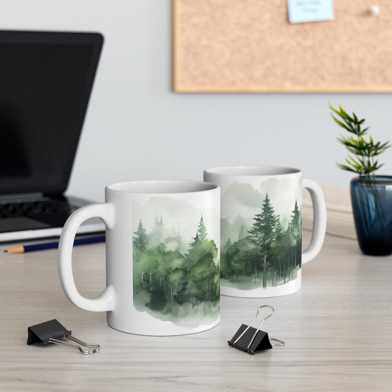 Evergreen Tree Coffee Mug Watercolor Evergreen Mug Evergreen Forest Coffee Cup Nature Coffee Mug Gift Foggy 11oz Evergreen Tree Coffee Cup 4.jpg