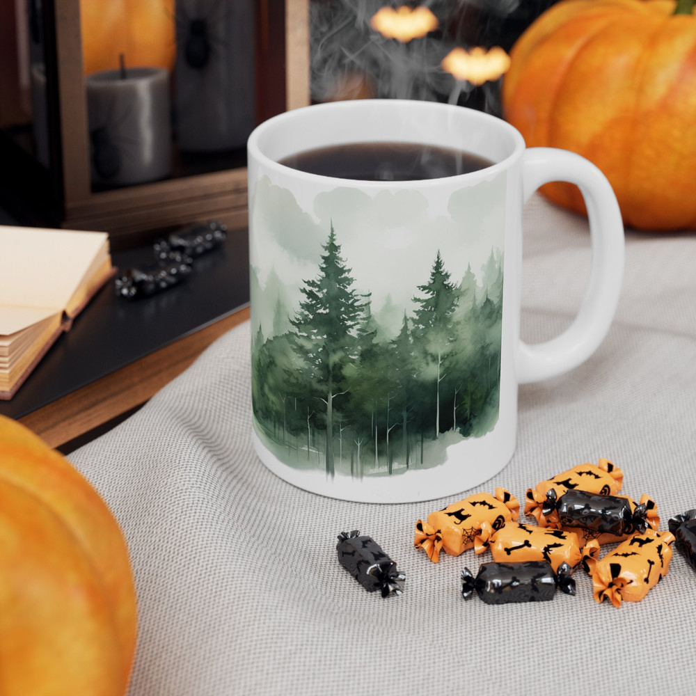 Evergreen Tree Coffee Mug Watercolor Evergreen Mug Evergreen Forest Coffee Cup Nature Coffee Mug Gift Foggy 11oz Evergreen Tree Coffee Cup 5.jpg