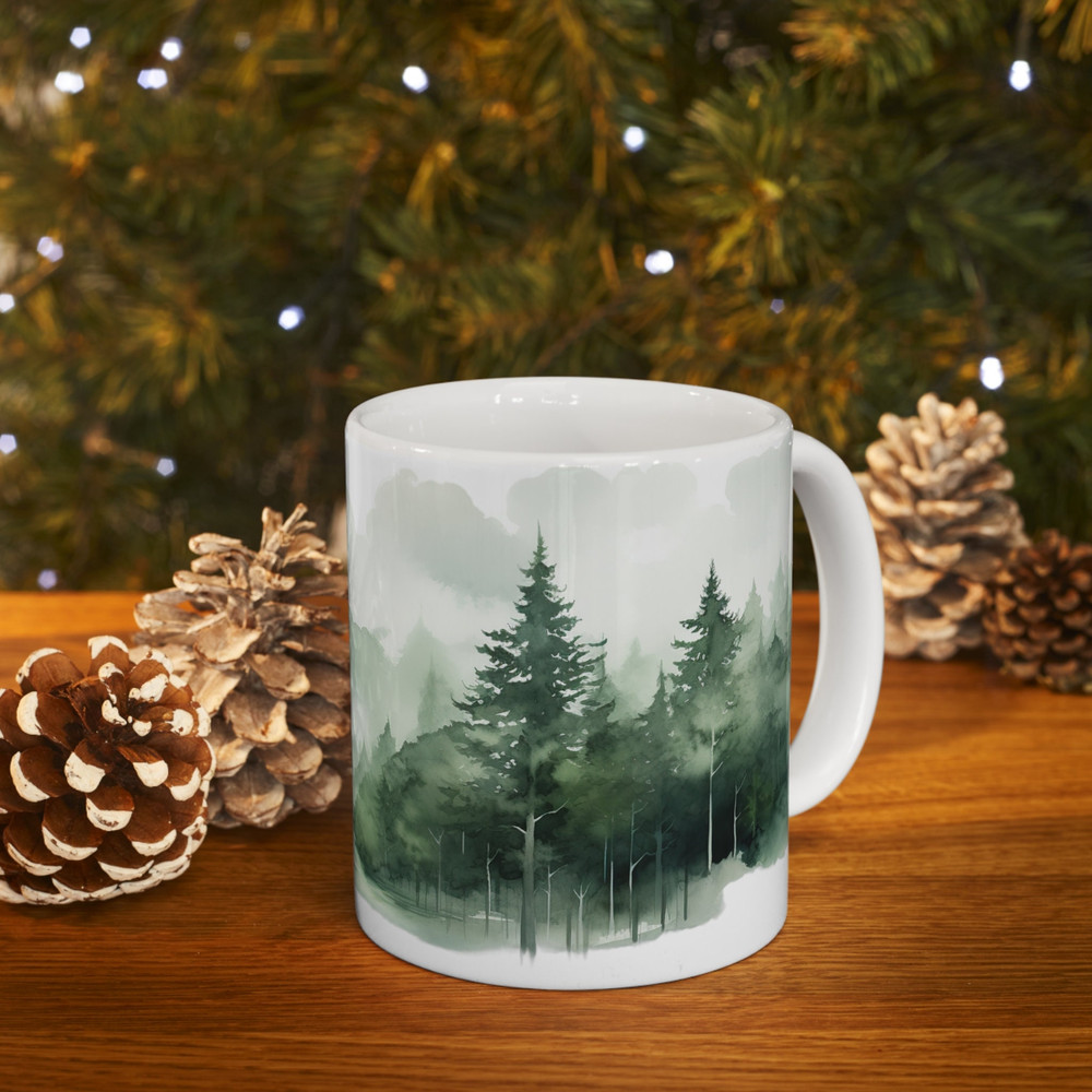 Evergreen Tree Coffee Mug Watercolor Evergreen Mug Evergreen Forest Coffee Cup Nature Coffee Mug Gift Foggy 11oz Evergreen Tree Coffee Cup 8.jpg