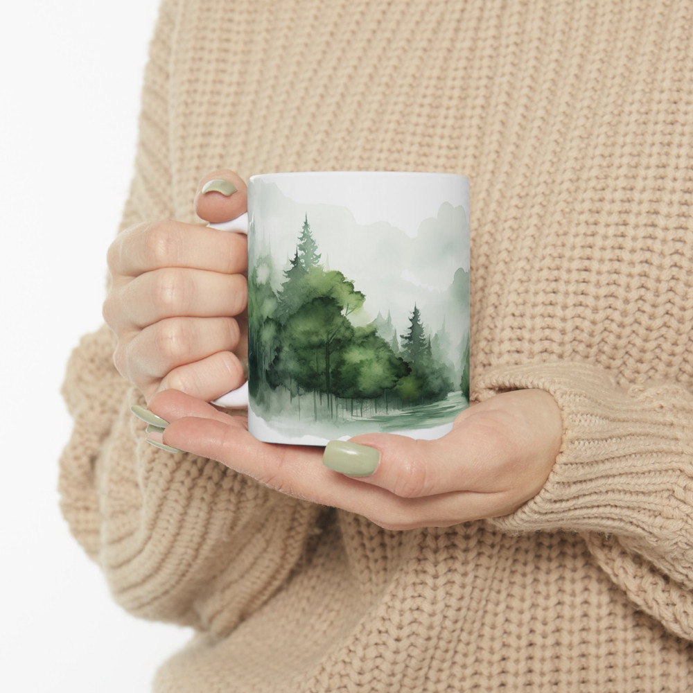 Evergreen Tree Coffee Mug Watercolor Evergreen Mug Evergreen Forest Coffee Cup Nature Coffee Mug Gift Foggy 11oz Evergreen Tree Coffee Cup 9.jpg
