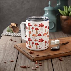 insulated red mushroom coffee mug, 10oz cute mushroom cottagecore mug insulated