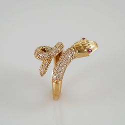 Snake Yellow Gold Ring With Ruby and Diamond Stones