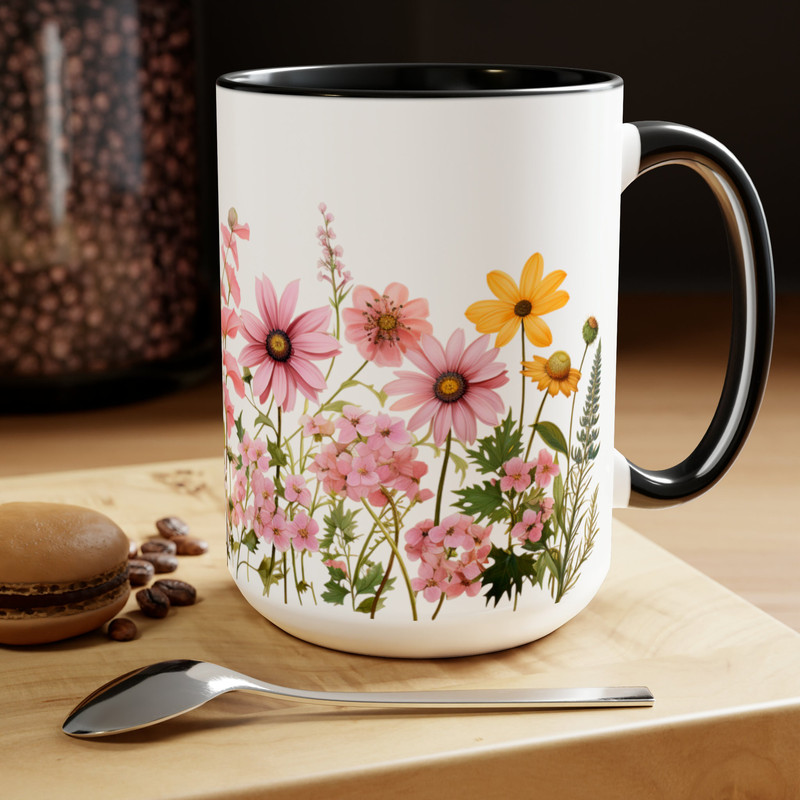 Pink Daisies Coffee Mug, Feminine Pink Flower Tea Mug, Yellow And Pink Daisy Flower Pattern Mug, Retro Cottagecore Garden Floral Coffee Cup 1.jpg