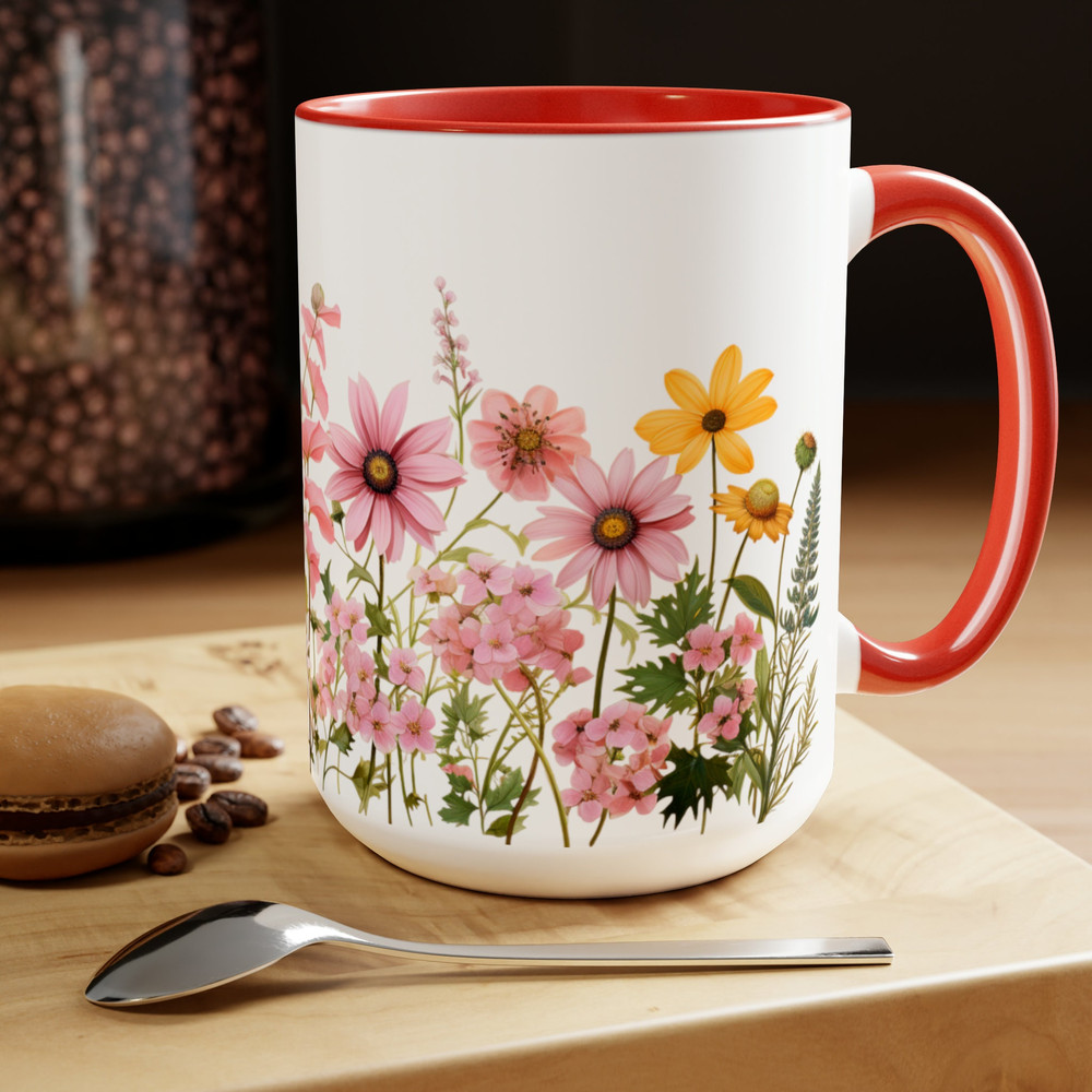 Pink Daisies Coffee Mug, Feminine Pink Flower Tea Mug, Yellow And Pink Daisy Flower Pattern Mug, Retro Cottagecore Garden Floral Coffee Cup 10.jpg