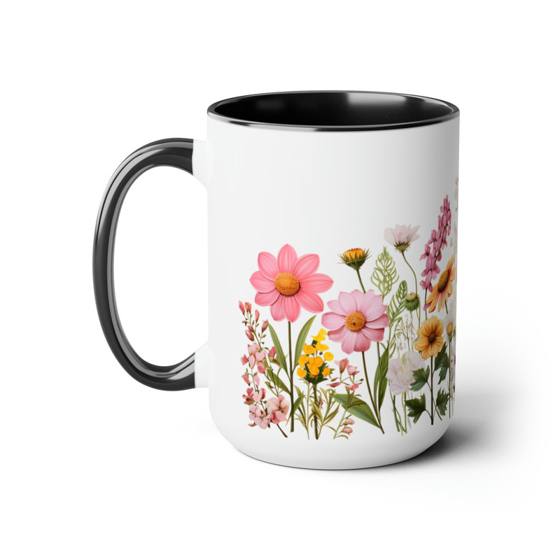 Pink Daisies Coffee Mug, Feminine Pink Flower Tea Mug, Yellow And Pink Daisy Flower Pattern Mug, Retro Cottagecore Garden Floral Coffee Cup 2.jpg