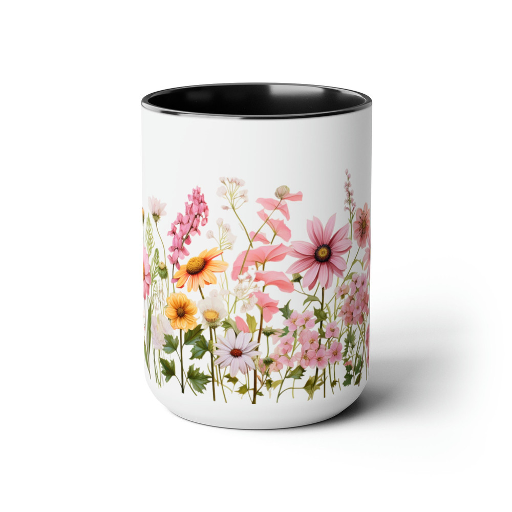 Pink Daisies Coffee Mug, Feminine Pink Flower Tea Mug, Yellow And Pink Daisy Flower Pattern Mug, Retro Cottagecore Garden Floral Coffee Cup 3.jpg