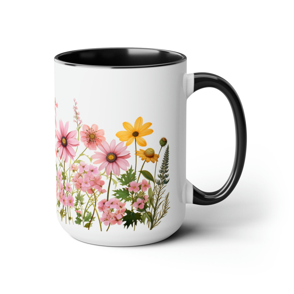 Pink Daisies Coffee Mug, Feminine Pink Flower Tea Mug, Yellow And Pink Daisy Flower Pattern Mug, Retro Cottagecore Garden Floral Coffee Cup 4.jpg