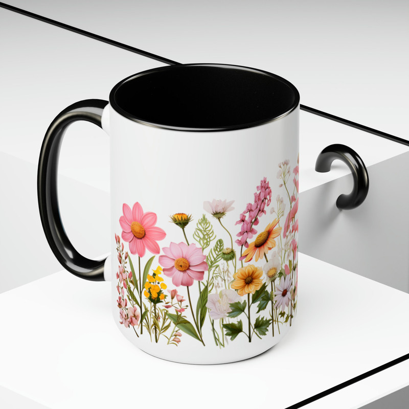 Pink Daisies Coffee Mug, Feminine Pink Flower Tea Mug, Yellow And Pink Daisy Flower Pattern Mug, Retro Cottagecore Garden Floral Coffee Cup 5.jpg