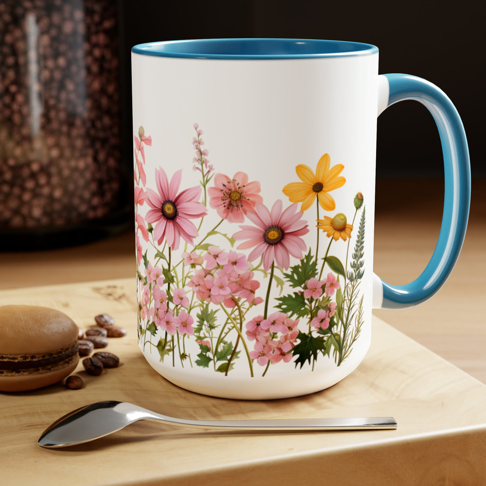 Pink Daisies Coffee Mug, Feminine Pink Flower Tea Mug, Yellow And Pink Daisy Flower Pattern Mug, Retro Cottagecore Garden Floral Coffee Cup 6.jpg