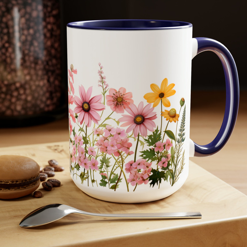 Pink Daisies Coffee Mug, Feminine Pink Flower Tea Mug, Yellow And Pink Daisy Flower Pattern Mug, Retro Cottagecore Garden Floral Coffee Cup 8.jpg