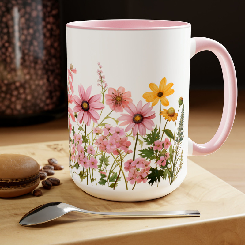 Pink Daisies Coffee Mug, Feminine Pink Flower Tea Mug, Yellow And Pink Daisy Flower Pattern Mug, Retro Cottagecore Garden Floral Coffee Cup 9.jpg