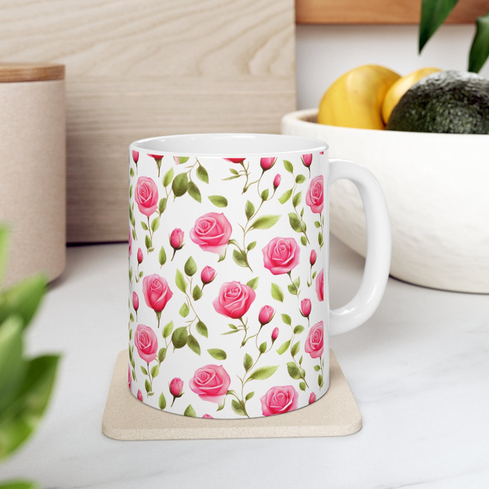 Pink Rose Pattern Mug Pink Flower Coffee Mug Pretty Floral Coffee Mug Botanical Rose Tea Mug Rose Tea Cup Beautiful Coffee Cup Gift For Her 1.jpg