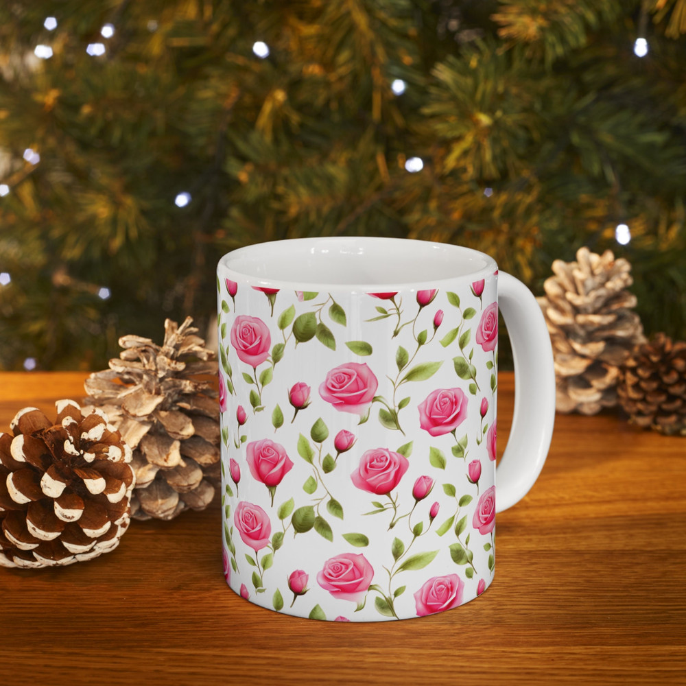 Pink Rose Pattern Mug Pink Flower Coffee Mug Pretty Floral Coffee Mug Botanical Rose Tea Mug Rose Tea Cup Beautiful Coffee Cup Gift For Her 10.jpg