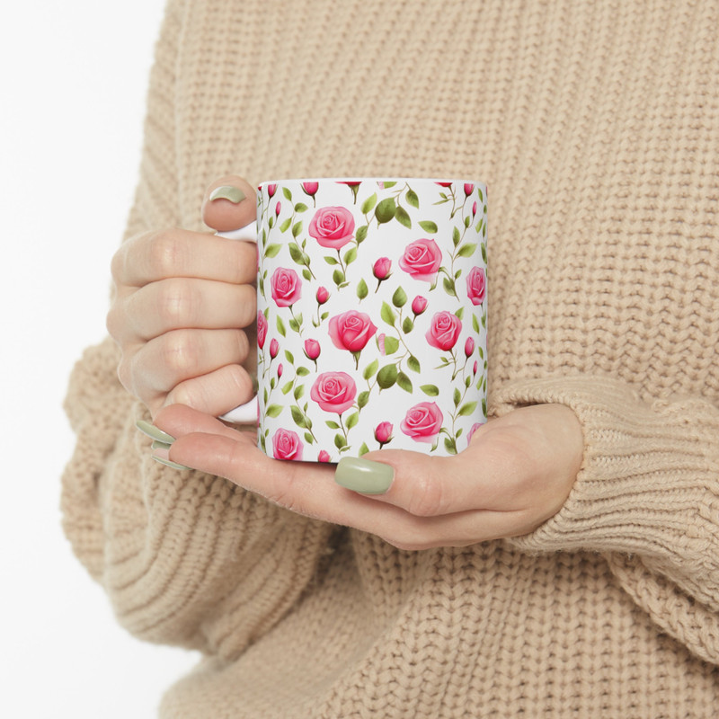 Pink Rose Pattern Mug Pink Flower Coffee Mug Pretty Floral Coffee Mug Botanical Rose Tea Mug Rose Tea Cup Beautiful Coffee Cup Gift For Her 2.jpg
