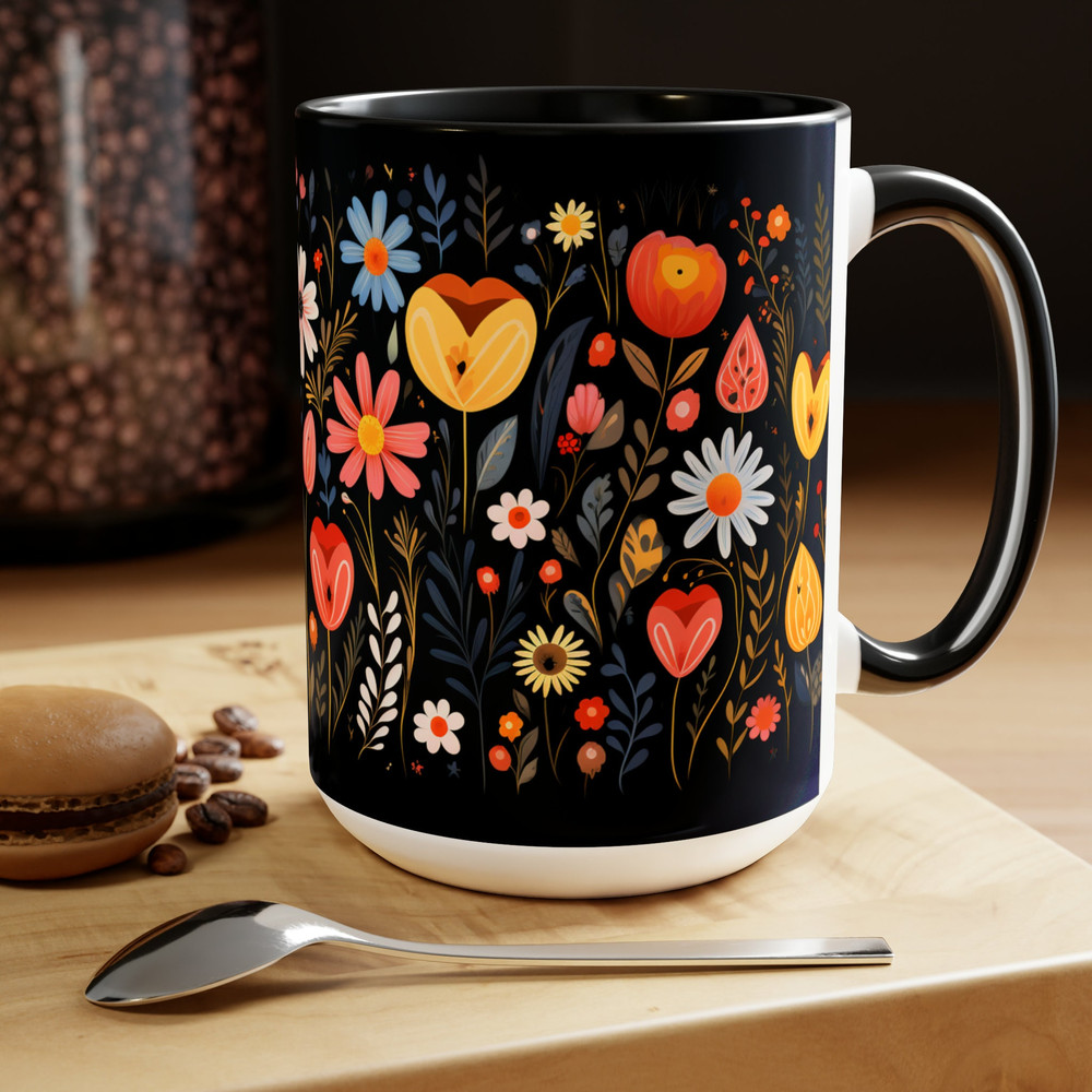 Pretty Aesthetic Retro Style Daisy Mug, Nature Botanical Floral Tea Mug, Black Flower Pattern Tea Mug, Black Botanical Cottagecore Cup 1.jpg