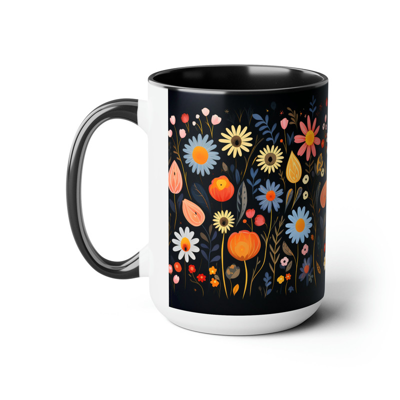 Pretty Aesthetic Retro Style Daisy Mug, Nature Botanical Floral Tea Mug, Black Flower Pattern Tea Mug, Black Botanical Cottagecore Cup 2.jpg