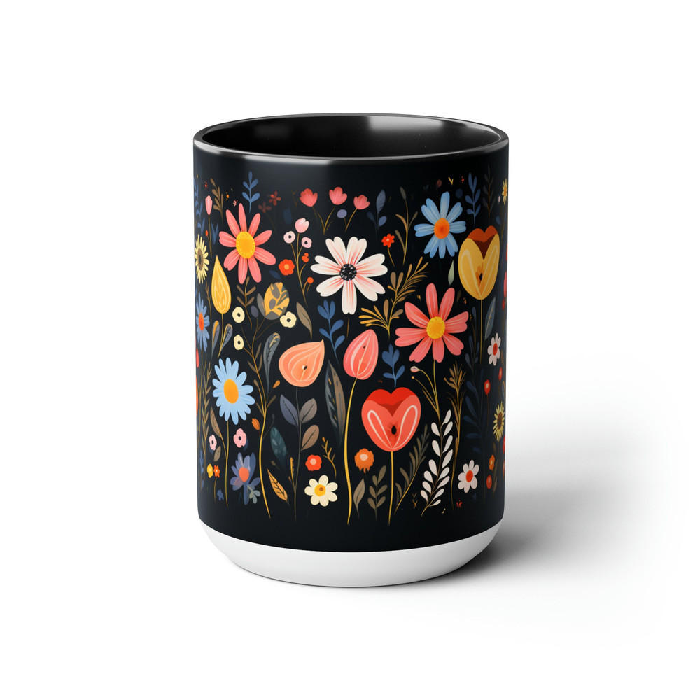 Pretty Aesthetic Retro Style Daisy Mug, Nature Botanical Floral Tea Mug, Black Flower Pattern Tea Mug, Black Botanical Cottagecore Cup 3.jpg