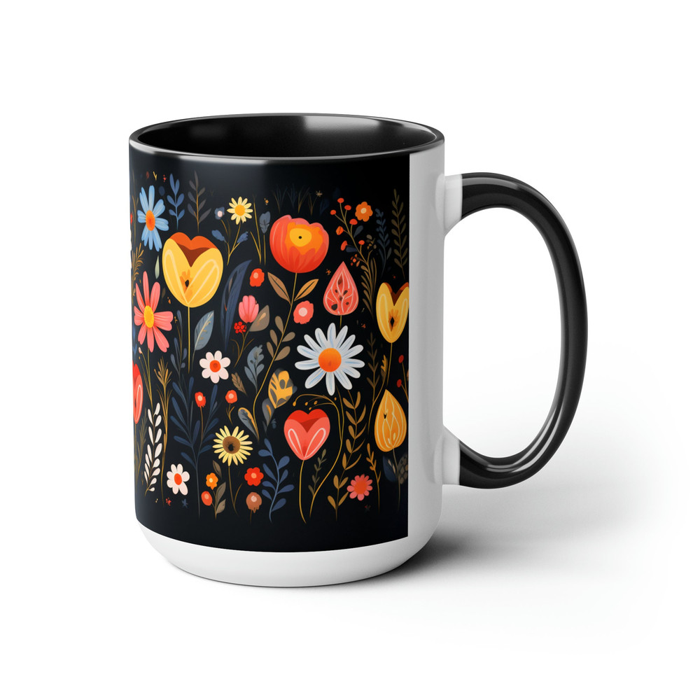 Pretty Aesthetic Retro Style Daisy Mug, Nature Botanical Floral Tea Mug, Black Flower Pattern Tea Mug, Black Botanical Cottagecore Cup 4.jpg
