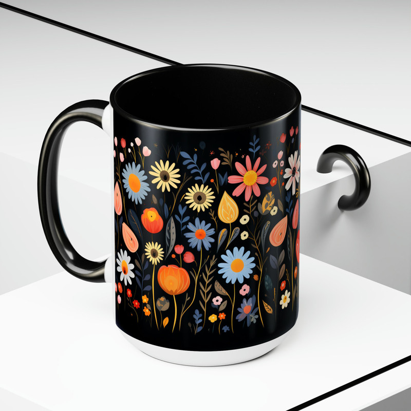 Pretty Aesthetic Retro Style Daisy Mug, Nature Botanical Floral Tea Mug, Black Flower Pattern Tea Mug, Black Botanical Cottagecore Cup 5.jpg