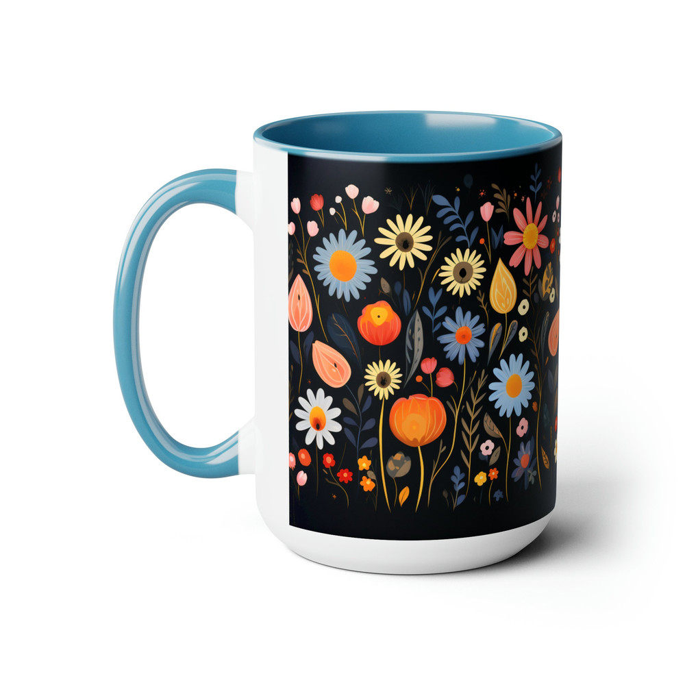 Pretty Aesthetic Retro Style Daisy Mug, Nature Botanical Floral Tea Mug, Black Flower Pattern Tea Mug, Black Botanical Cottagecore Cup 7.jpg