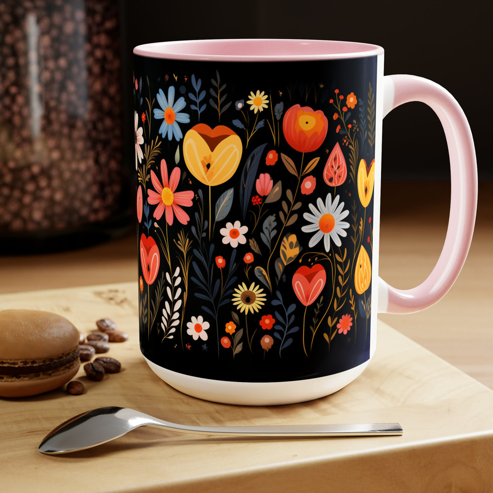 Pretty Aesthetic Retro Style Daisy Mug, Nature Botanical Floral Tea Mug, Black Flower Pattern Tea Mug, Black Botanical Cottagecore Cup 9.jpg