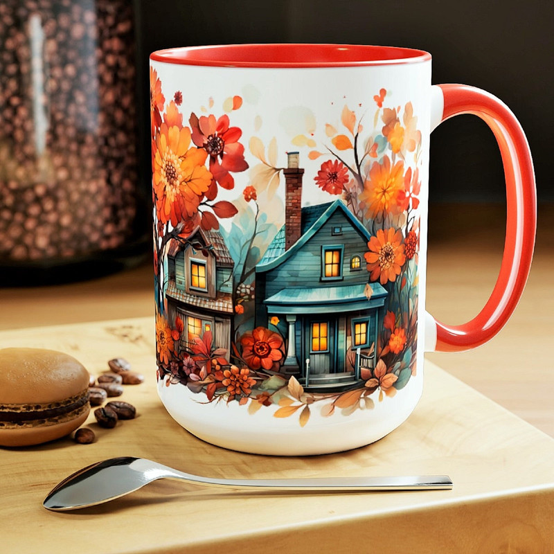 Pretty Autumn Home Coffee Mug Fall Lover Coffee Mug Gift Fall Theme Tea Mug Large 15oz Ceramic Autumn Coffee Cup Seasonal Coffee Autumn Home 1.jpg