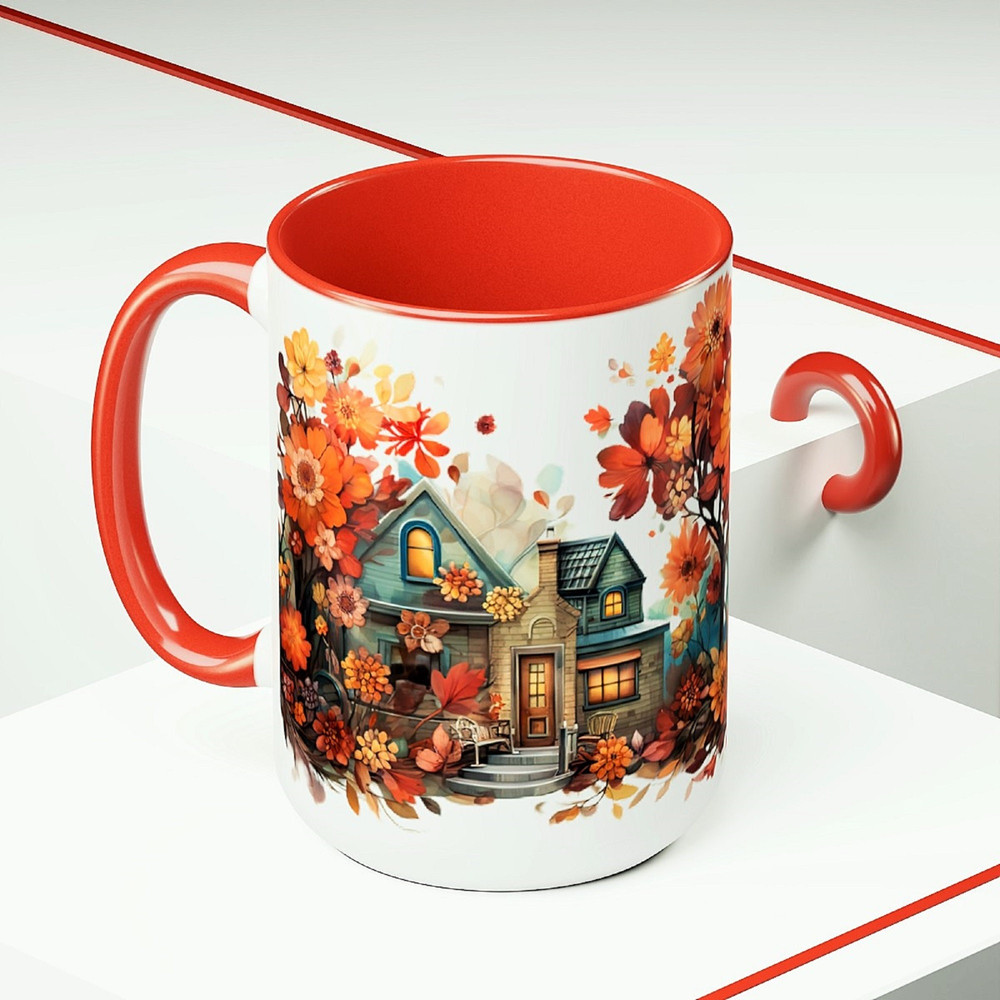 Pretty Autumn Home Coffee Mug Fall Lover Coffee Mug Gift Fall Theme Tea Mug Large 15oz Ceramic Autumn Coffee Cup Seasonal Coffee Autumn Home 3.jpg