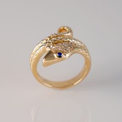Glamorous Yellow Gold Snake Ring with Sparkling Sapphire & Diamond Accents