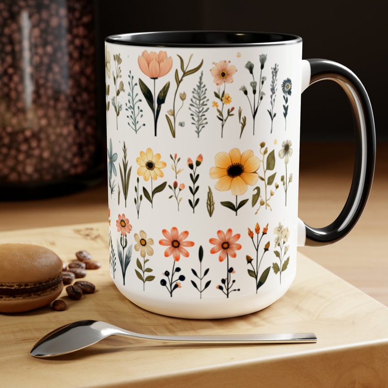 Retro Daisy Flowers Coffee Mug, Pressed Wildflowers And Yellow Daisies Tea Mug, Beautiful Cottagecore Flower Pattern Cup, Zen Retro Mug Gift 1.jpg
