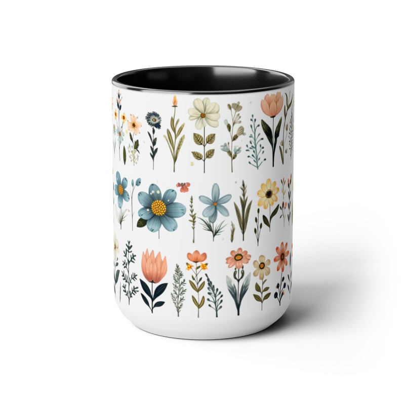 Retro Daisy Flowers Coffee Mug, Pressed Wildflowers And Yellow Daisies Tea Mug, Beautiful Cottagecore Flower Pattern Cup, Zen Retro Mug Gift 3.jpg