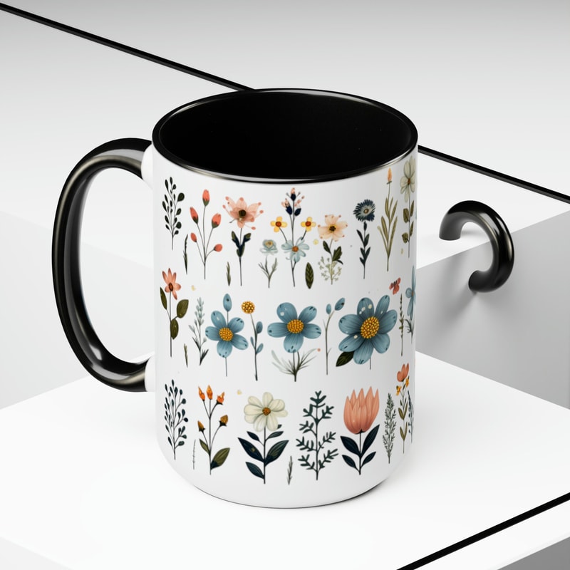 Retro Daisy Flowers Coffee Mug, Pressed Wildflowers And Yellow Daisies Tea Mug, Beautiful Cottagecore Flower Pattern Cup, Zen Retro Mug Gift 5.jpg
