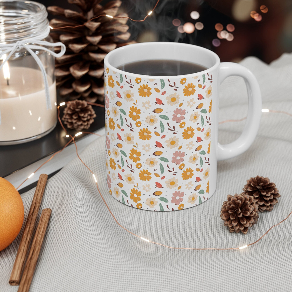 Retro Daisy Mug 11oz Ceramic Daisy Pattern Mug Floral Coffee Mug Floral Tea Mug Botanical Tea Mug Retro Lover Gift Pretty Flower Pattern Mug 2.jpg