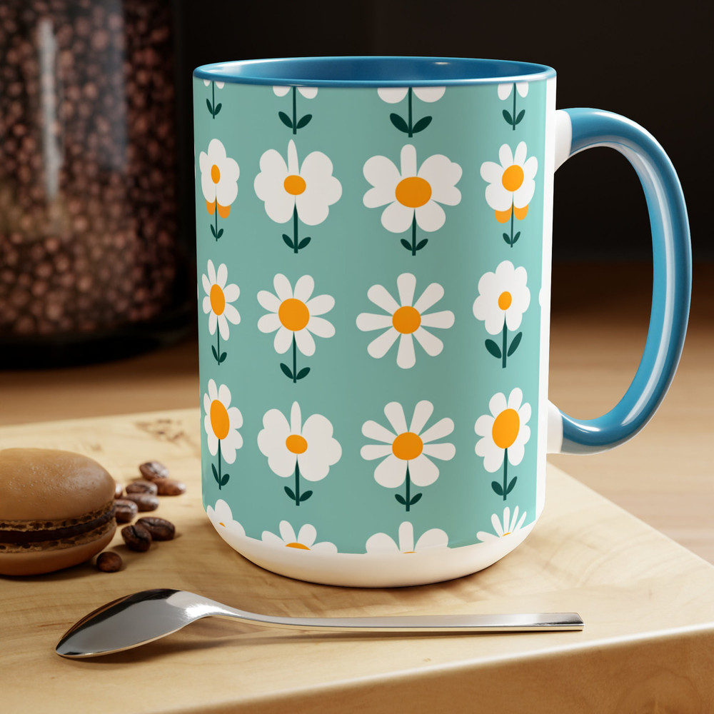 Retro Daisy Pattern Coffee Mug, Pretty Blue Retro Daisies Mug, Blue Feminine Retro Flower Pattern Mug, Pretty Floral Tea Mug Gift 1.jpg