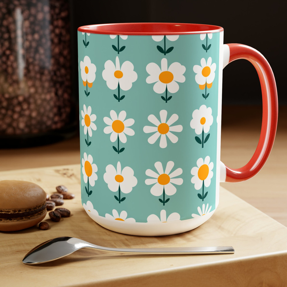 Retro Daisy Pattern Coffee Mug, Pretty Blue Retro Daisies Mug, Blue Feminine Retro Flower Pattern Mug, Pretty Floral Tea Mug Gift 10.jpg