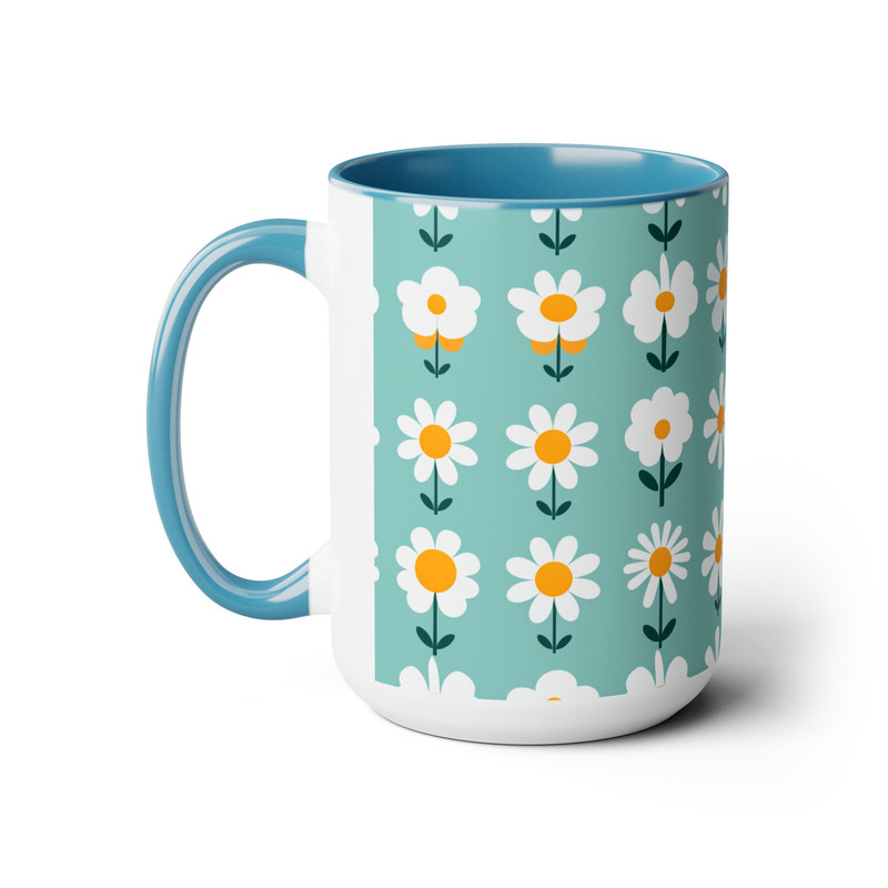 Retro Daisy Pattern Coffee Mug, Pretty Blue Retro Daisies Mug, Blue Feminine Retro Flower Pattern Mug, Pretty Floral Tea Mug Gift 2.jpg
