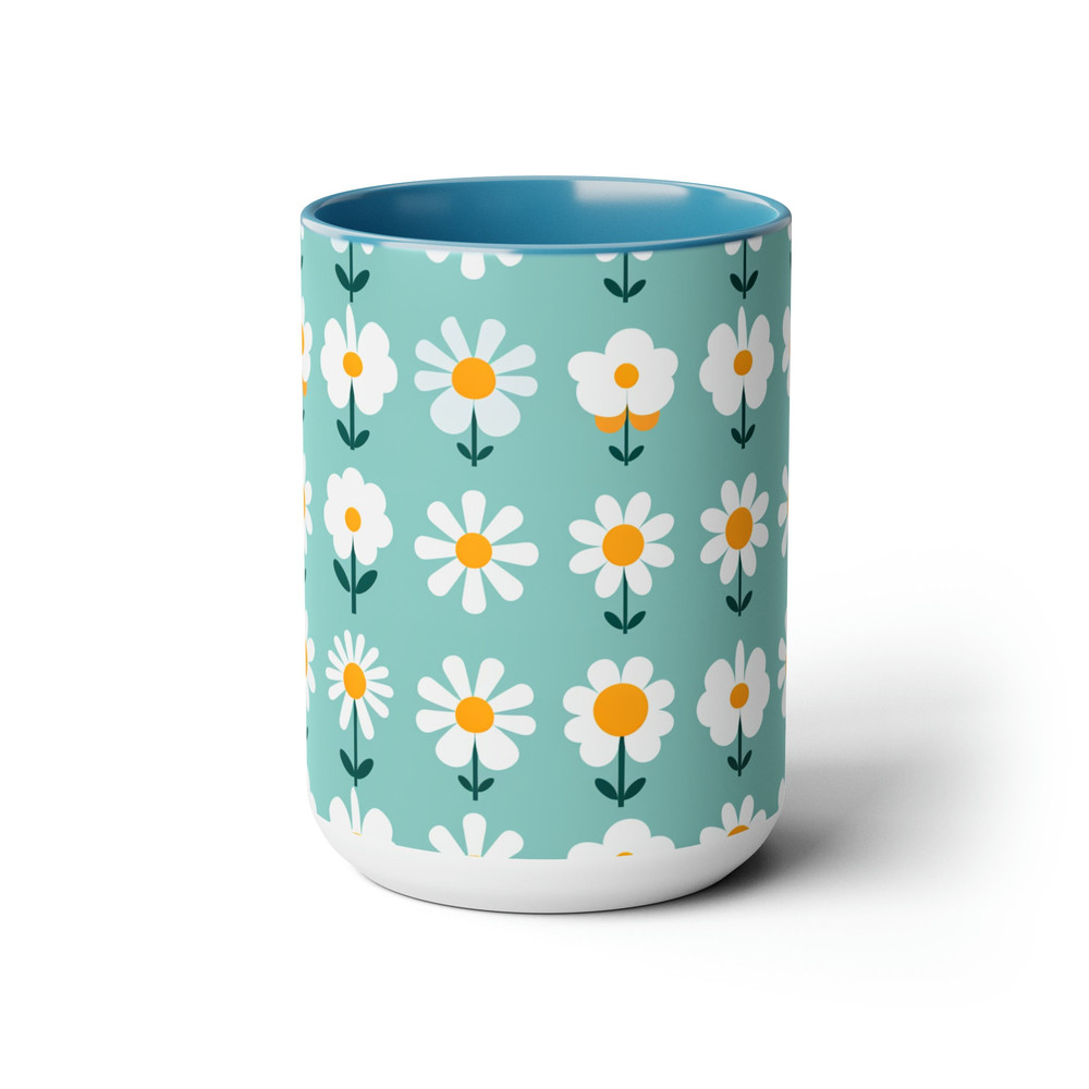 Retro Daisy Pattern Coffee Mug, Pretty Blue Retro Daisies Mug, Blue Feminine Retro Flower Pattern Mug, Pretty Floral Tea Mug Gift 3.jpg