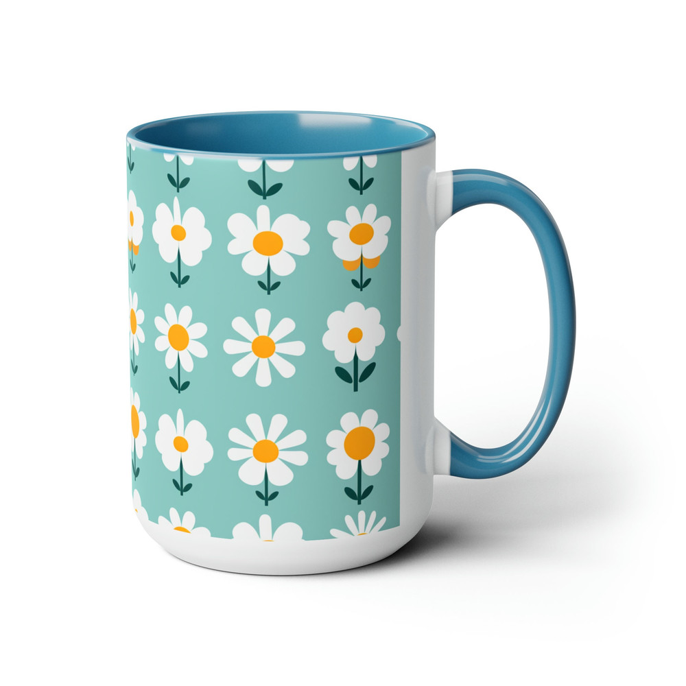 Retro Daisy Pattern Coffee Mug, Pretty Blue Retro Daisies Mug, Blue Feminine Retro Flower Pattern Mug, Pretty Floral Tea Mug Gift 4.jpg