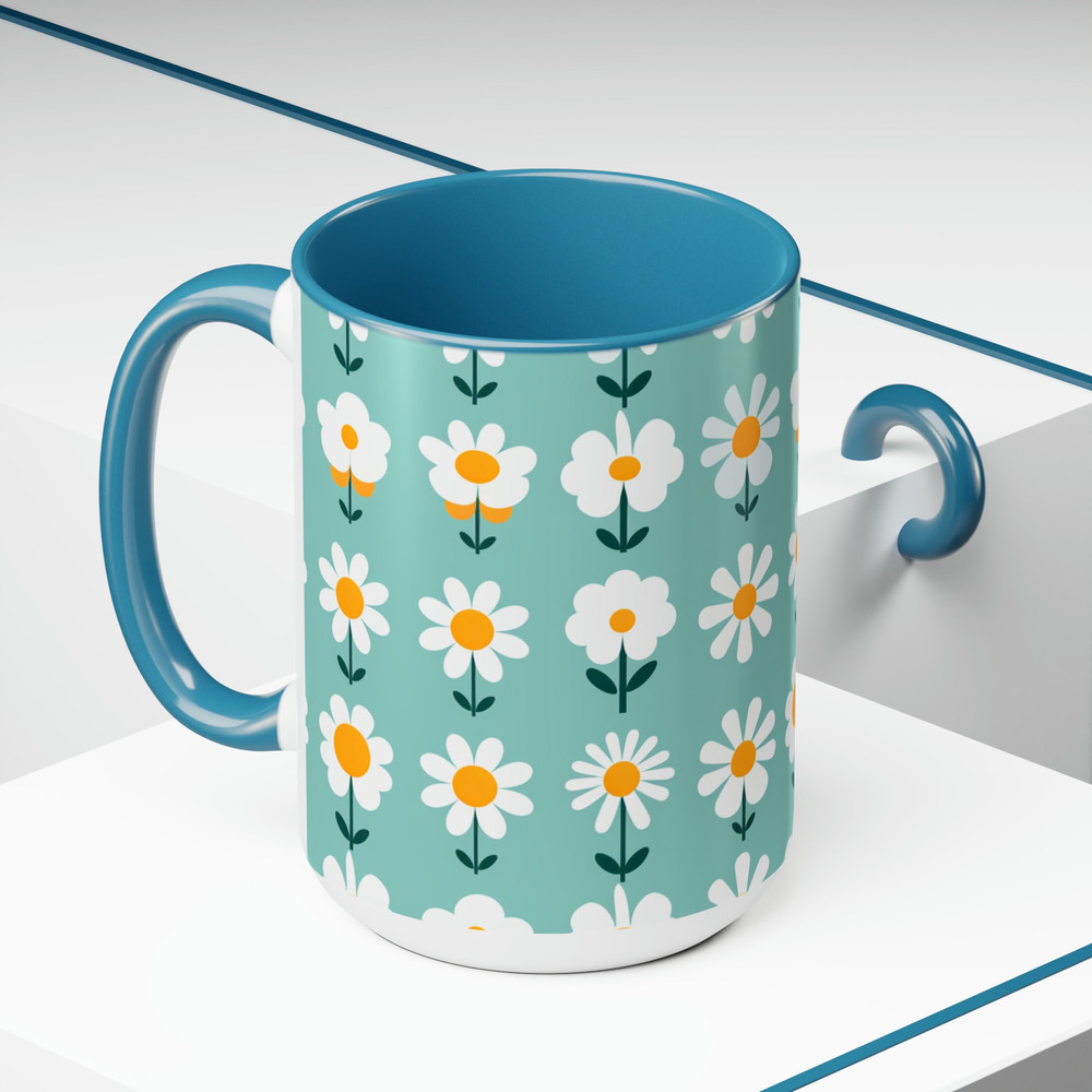 Retro Daisy Pattern Coffee Mug, Pretty Blue Retro Daisies Mug, Blue Feminine Retro Flower Pattern Mug, Pretty Floral Tea Mug Gift 5.jpg
