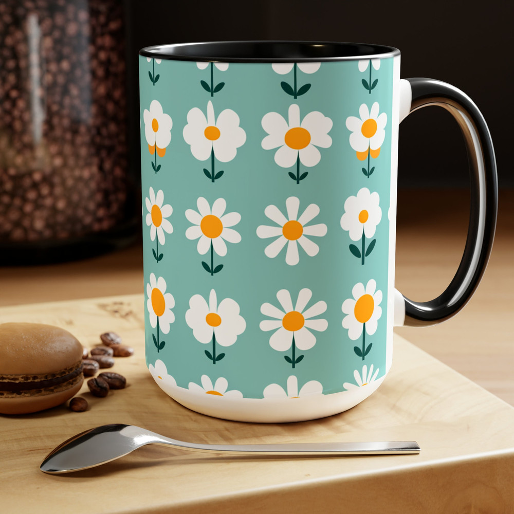 Retro Daisy Pattern Coffee Mug, Pretty Blue Retro Daisies Mug, Blue Feminine Retro Flower Pattern Mug, Pretty Floral Tea Mug Gift 6.jpg