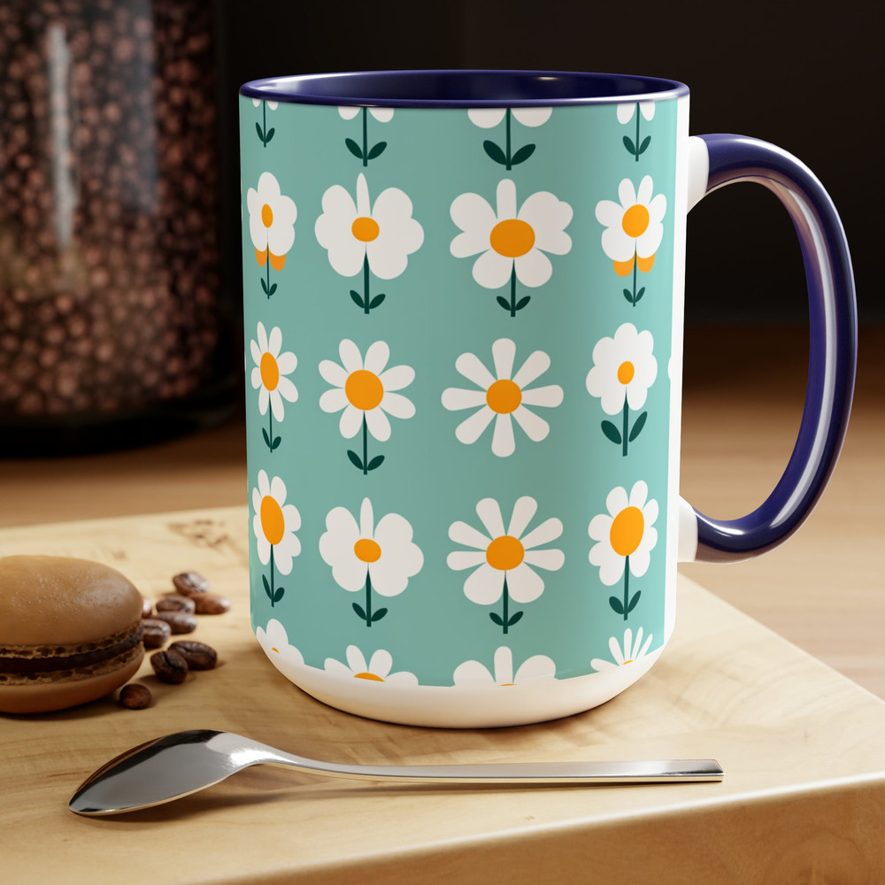 Retro Daisy Pattern Coffee Mug, Pretty Blue Retro Daisies Mug, Blue Feminine Retro Flower Pattern Mug, Pretty Floral Tea Mug Gift 8.jpg
