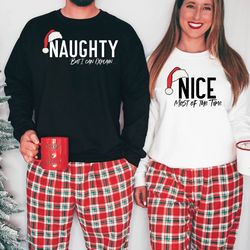 naughty and nice humorous christmas couple matching sweater, naughty but i can explain funny hubby xmas sweater nice mos