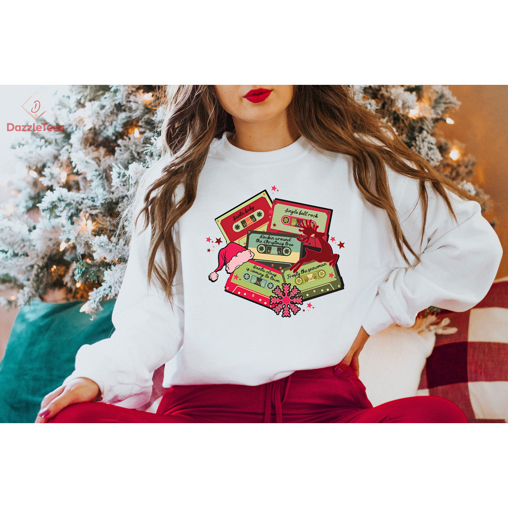 Vintage Christmas Songs Cassettes Sweatshirt, Cute Jingle Bell Rock Cassette Hoodie, Retro Christmas Vibes Crewneck, Santa Baby Song Shirt.jpg