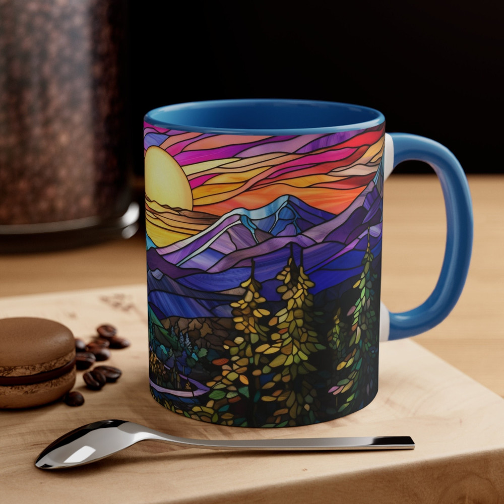 Stained Glass Mountan Mug Nature Inspired Coffee Mug Outdoor Design Drinkware Mountain Scene Tea Mug Gift For Nature Lover Mountain Range 1.jpg