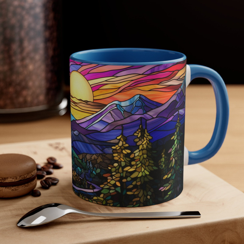 Stained Glass Mountan Mug Nature Inspired Coffee Mug Outdoor Design Drinkware Mountain Scene Tea Mug Gift For Nature Lover Mountain Range 1.jpg