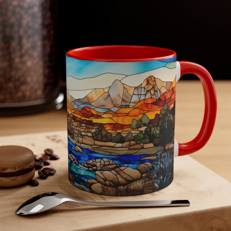 Stained Glass Style Mountain Range Coffee Mug Nature Inspired Tea Mug Outdoor Design Drinkware Stained Glass Nature Scene Cup Scenic Beauty 1.jpg