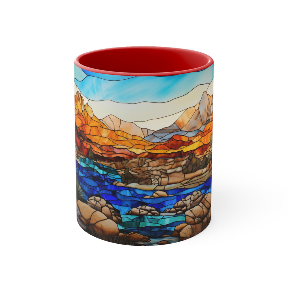 Stained Glass Style Mountain Range Coffee Mug Nature Inspired Tea Mug Outdoor Design Drinkware Stained Glass Nature Scene Cup Scenic Beauty 2.jpg
